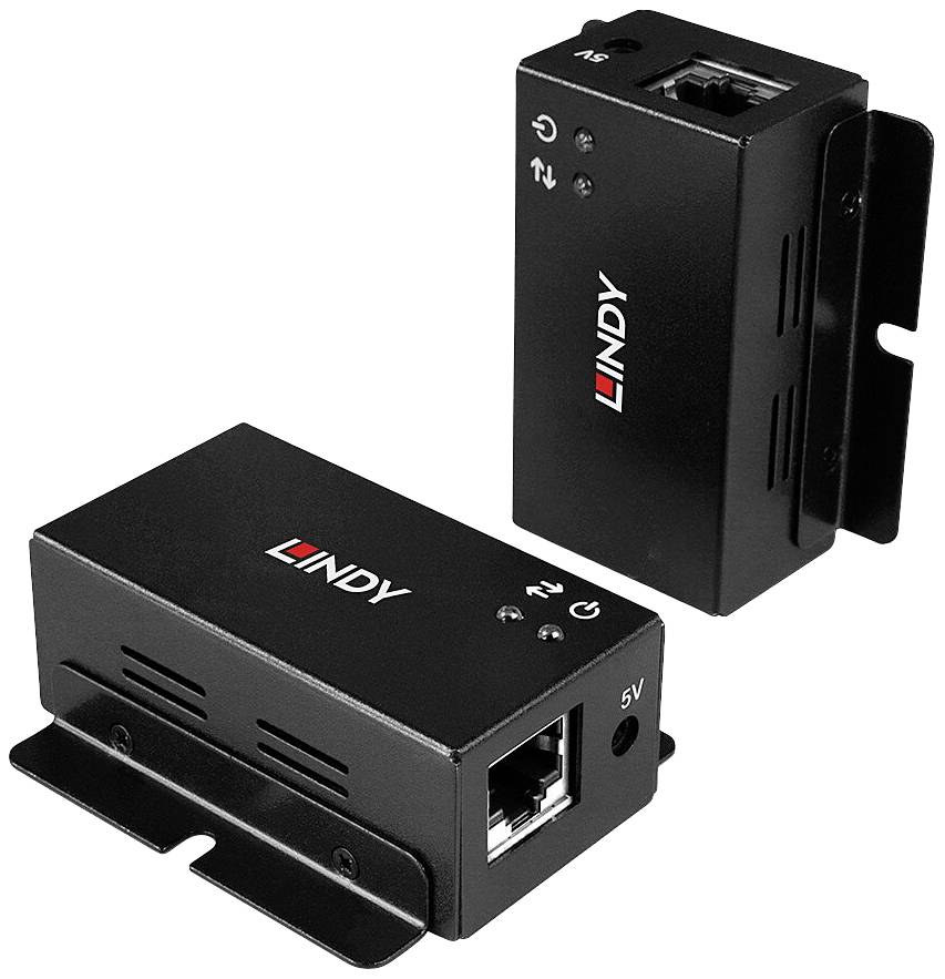 Two black Ethernet adapters with the 'LINDY' logo, one positioned vertically and one horizontally, display connections and mounting brackets.