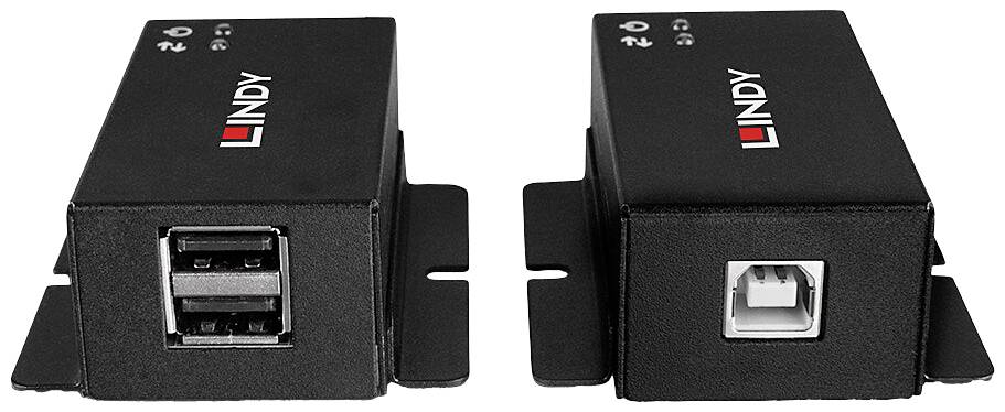 Two black USB extension devices, one with two USB ports, the other with a USB-B connection. Both bear the 'Lindy' logo.