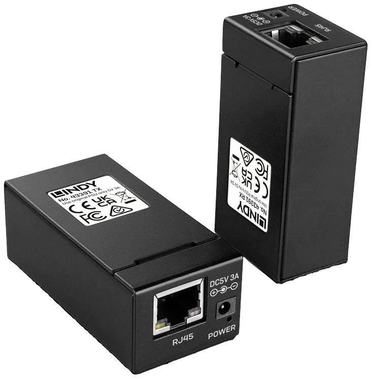 Two black network adapters by Lindy with RJ45 ports and power supplies. They are designed for powering network devices.