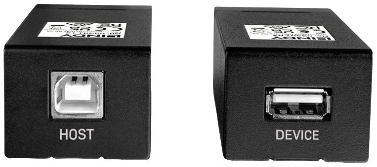 A black device with two USB ports. The left port is labelled 'HOST', the right one as 'DEVICE'.