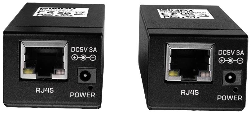 Two black network cable adapters with RJ45 ports and DC inputs, labelled with 'DC5V 3A' and 'POWER'.