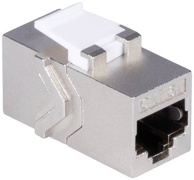 A Cat5e modular plug in metallic finish with a white locking mechanism, suitable for use in Ethernet networks.