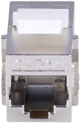 Silver RJ45 Keystone Jack for Cat.6a network cables, front view. Suitable for high-speed Ethernet connections.