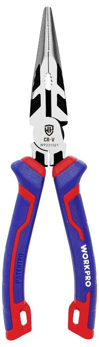 Pliers with a blue and red handle and silver jaws, ideal for precise gripping and cutting. 'WORKPRO' brand name visible on the handle.