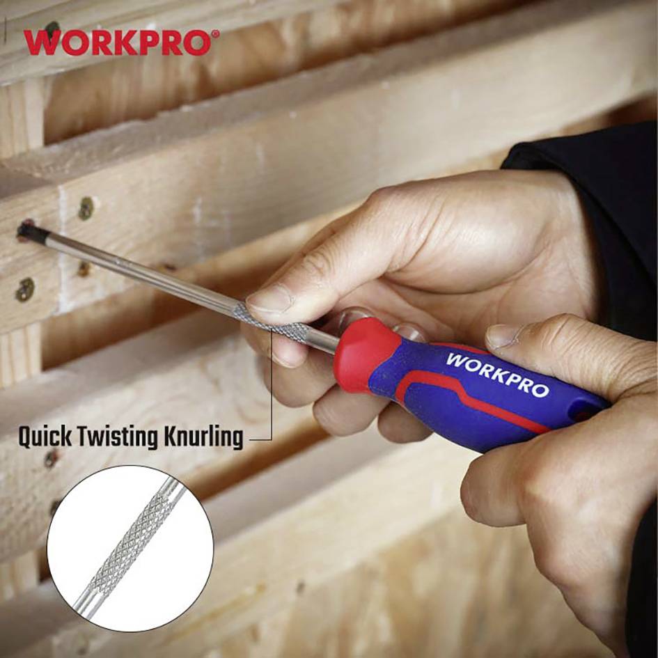 A person is screwing a screw into wood using a screwdriver by WORKPRO. The text 'Quick Twisting Knurling' highlights the texture of the tool.
