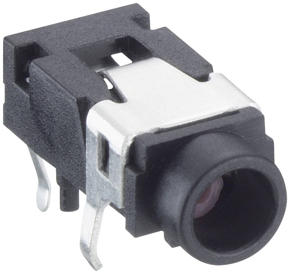 Black plastic audio socket with metal contacts, side-mounted, suitable for electronic devices.