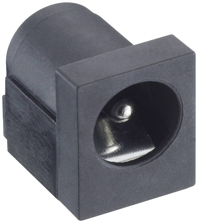 A black electrical switch connector in a rectangular shape with a circular inner area, used for electronic devices.