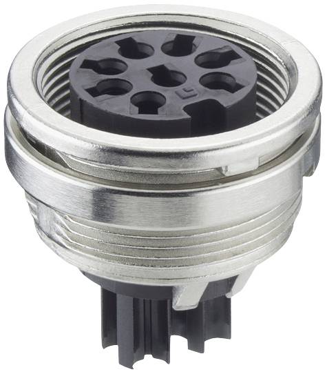 A silver, cylindrical electrical plug with multiple circularly arranged sockets. Primarily used for connection.