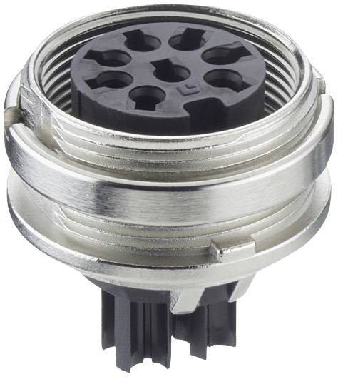 A round, seven-pin electrical connector with a metal housing and black plastic interior. Suitable for industrial applications.