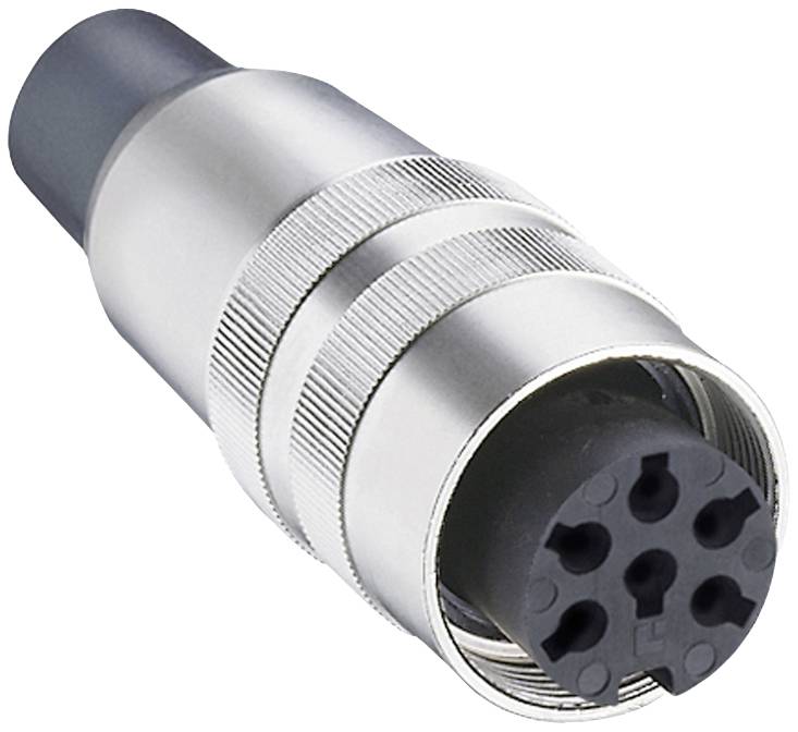 A silver, cylindrical plug with multiple round contact pins. Suitable for technical or electrical connections.