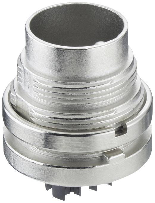 A silver metal connector with multiple slots and grooves, likely part of an electronic connection system.