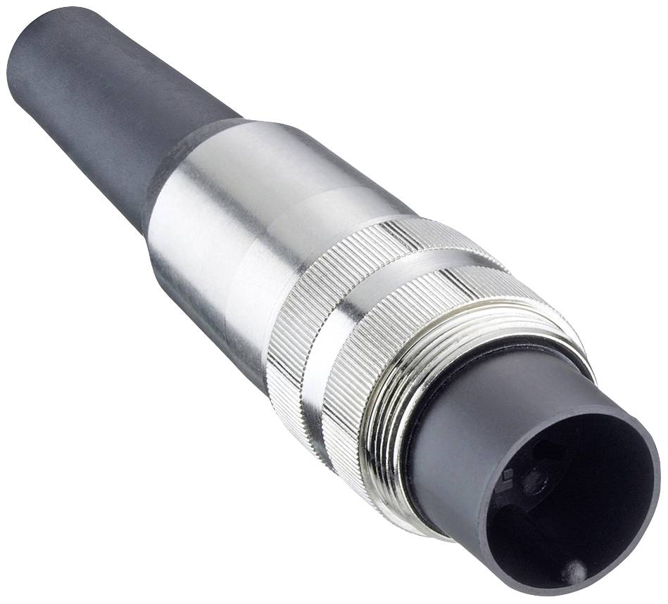 A black and silver XLR connector, commonly used for audio connections.