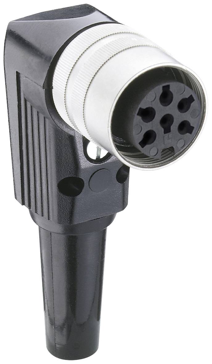 Black and silver multi-port electrical plug in an angled configuration. Suitable for technical connections.