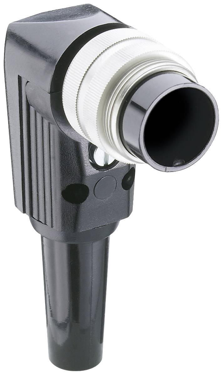 Electrical connector component with a black plastic housing and silver metal connections, suitable for industrial applications.