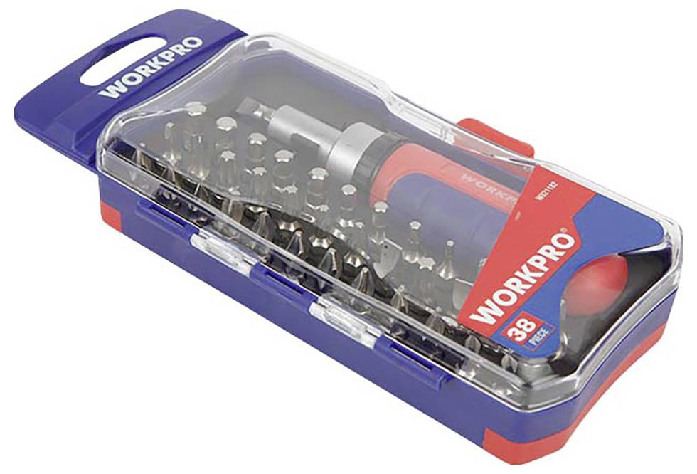 A compact case containing a 38-piece screwdriver set by Workpro, comprising screwdriver heads and a screwdriver.