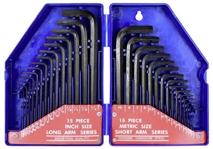 A 30-piece hex key set in a blue plastic box, with long keys on the left side, short keys on the right side, in metric and imperial sizes.