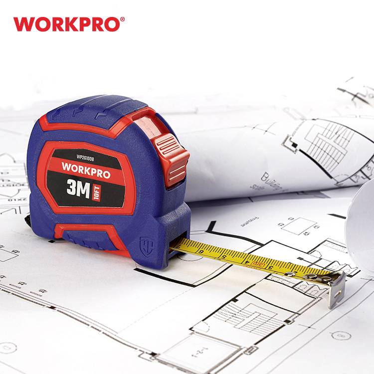 'WORKPRO' measuring tape in front of an unrolled blueprint, yellow tape showing 3 metres. Main motif: measuring tool for construction or renovation work.