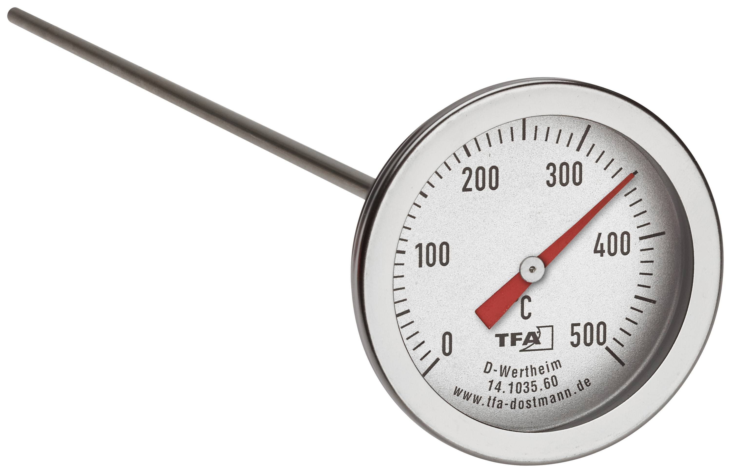 An analogue thermometer shows a temperature of approximately 50 degrees Celsius. It has a long stem and a scale ranging from 0 to 500 degrees Celsius.