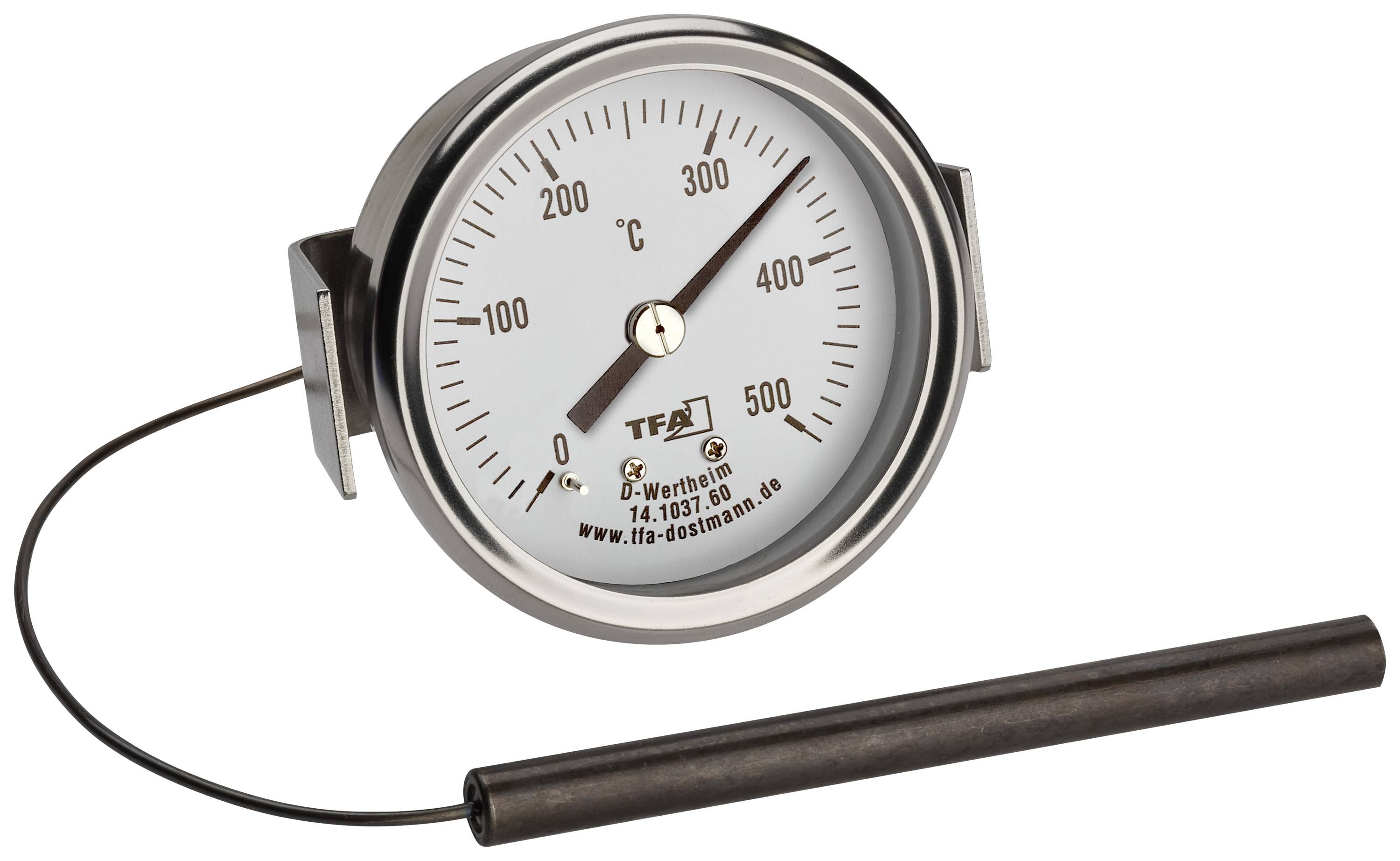 Analogue thermometer with temperature probe, displaying temperatures from 0 to 500 degrees Celsius. Primarily for industrial applications.