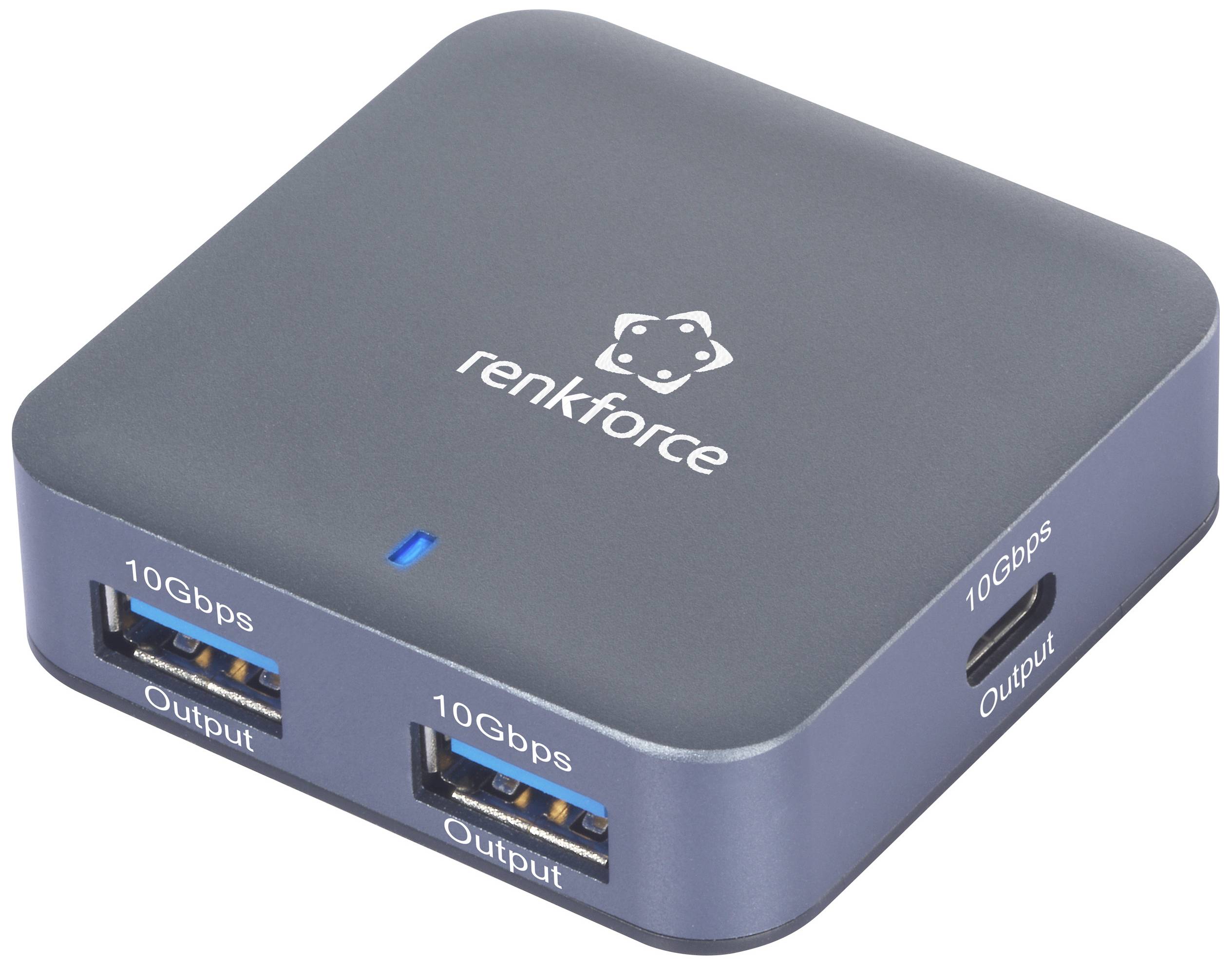 A compact, grey USB hub with the brand name 'renkforce', displaying two USB ports and a USB-C port, all labelled with '10 Gbps Output'.