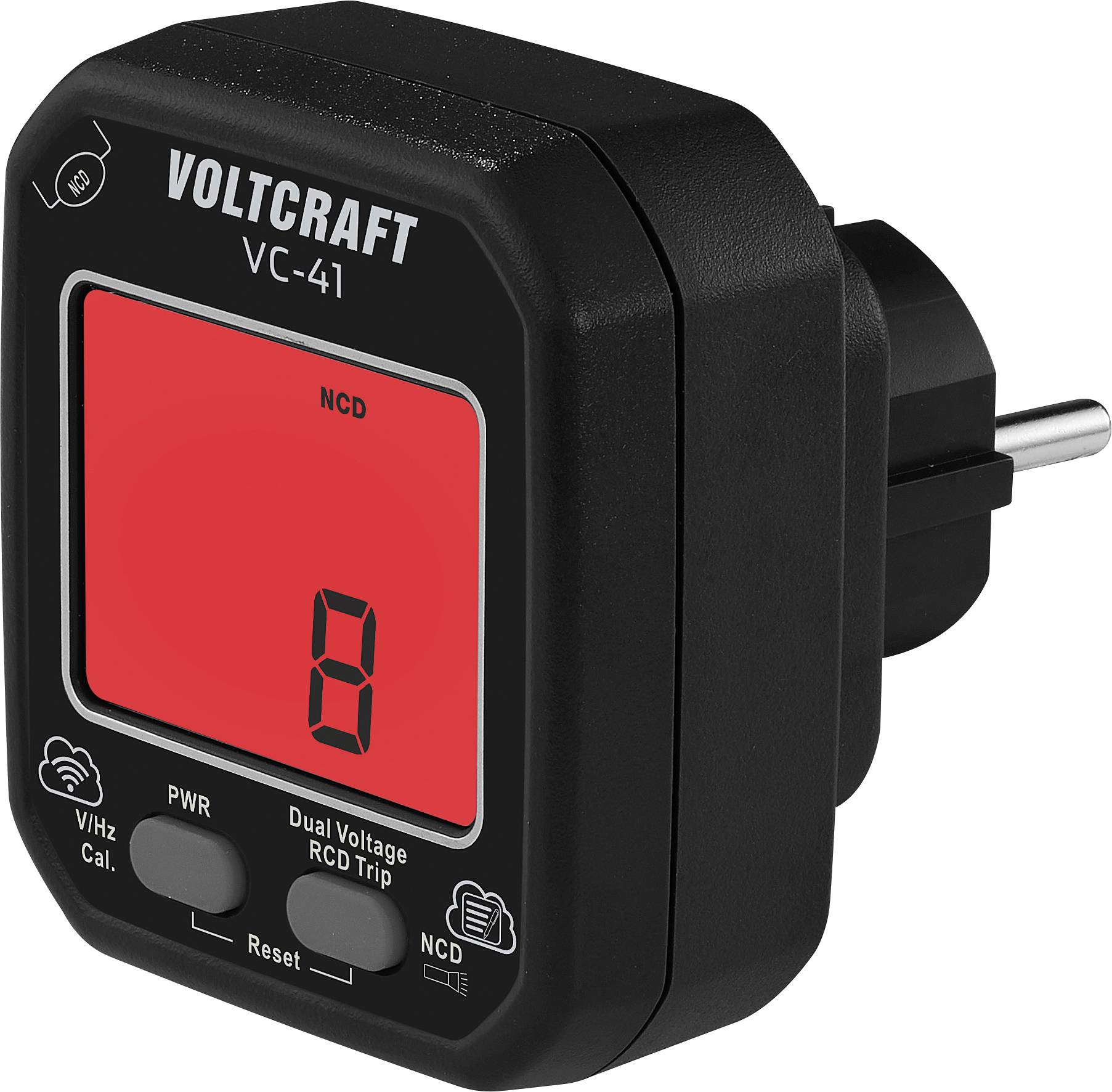'Voltcraft VC-41' socket tester with a digital display showing the number 8, used for checking electrical outlet safety and functionality.