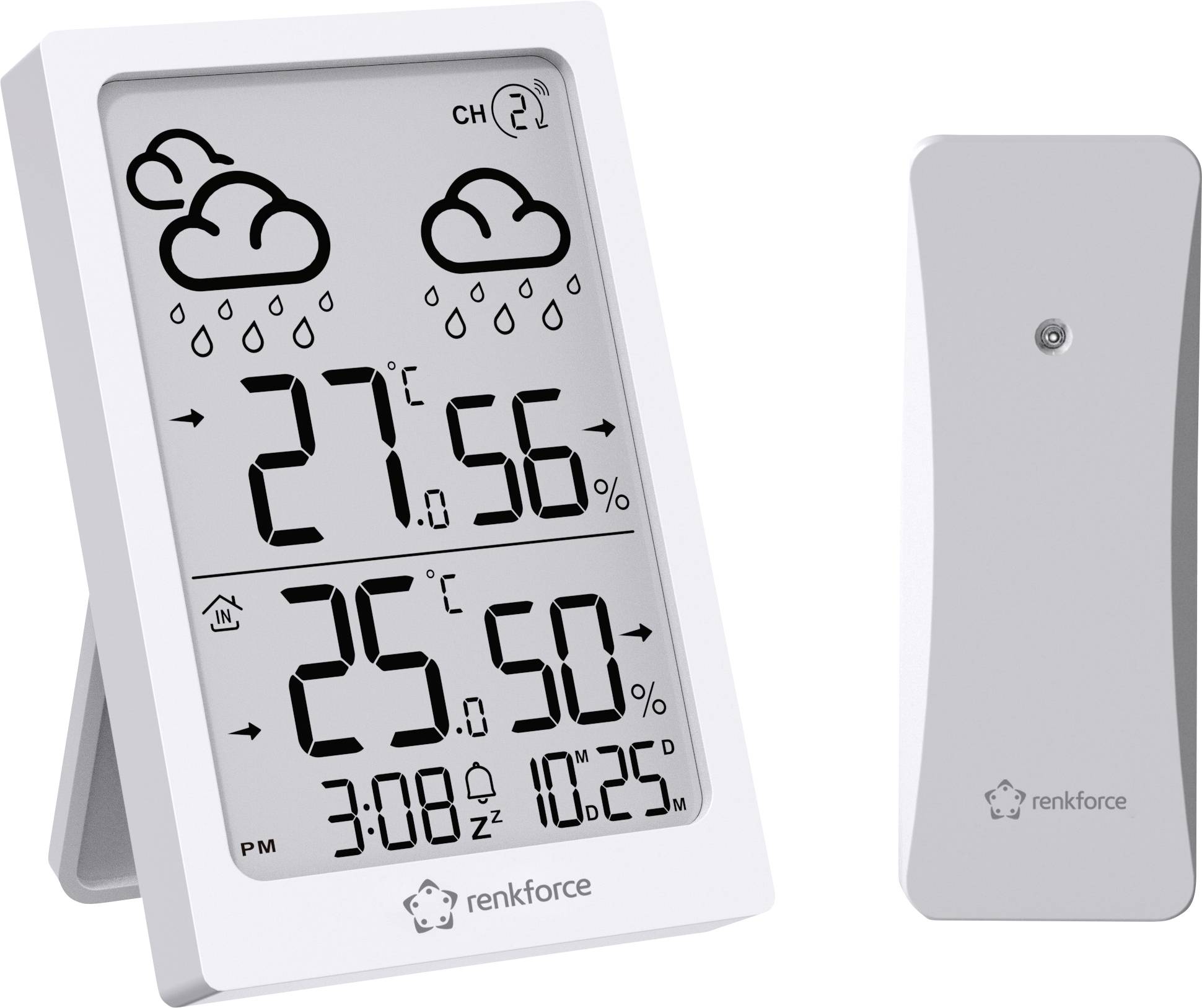 White digital weather station with large display. Shows outdoor temperature 27.5°C, humidity 56%, indoor temperature 25°C, humidity 50%, time 3:08, date 25.10. Rain symbols.