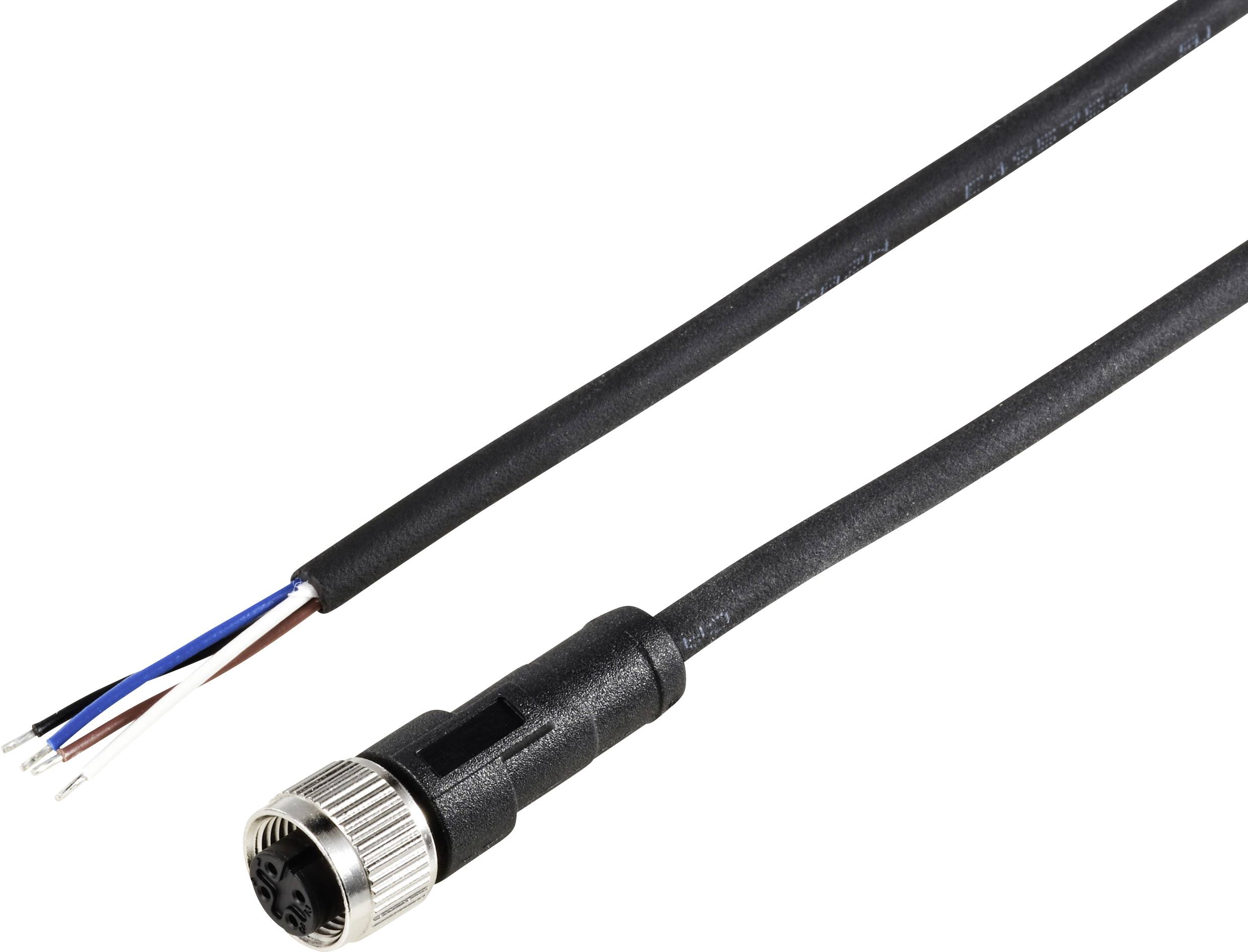 A black cable with exposed wires at one end and a round metal plug at the other.