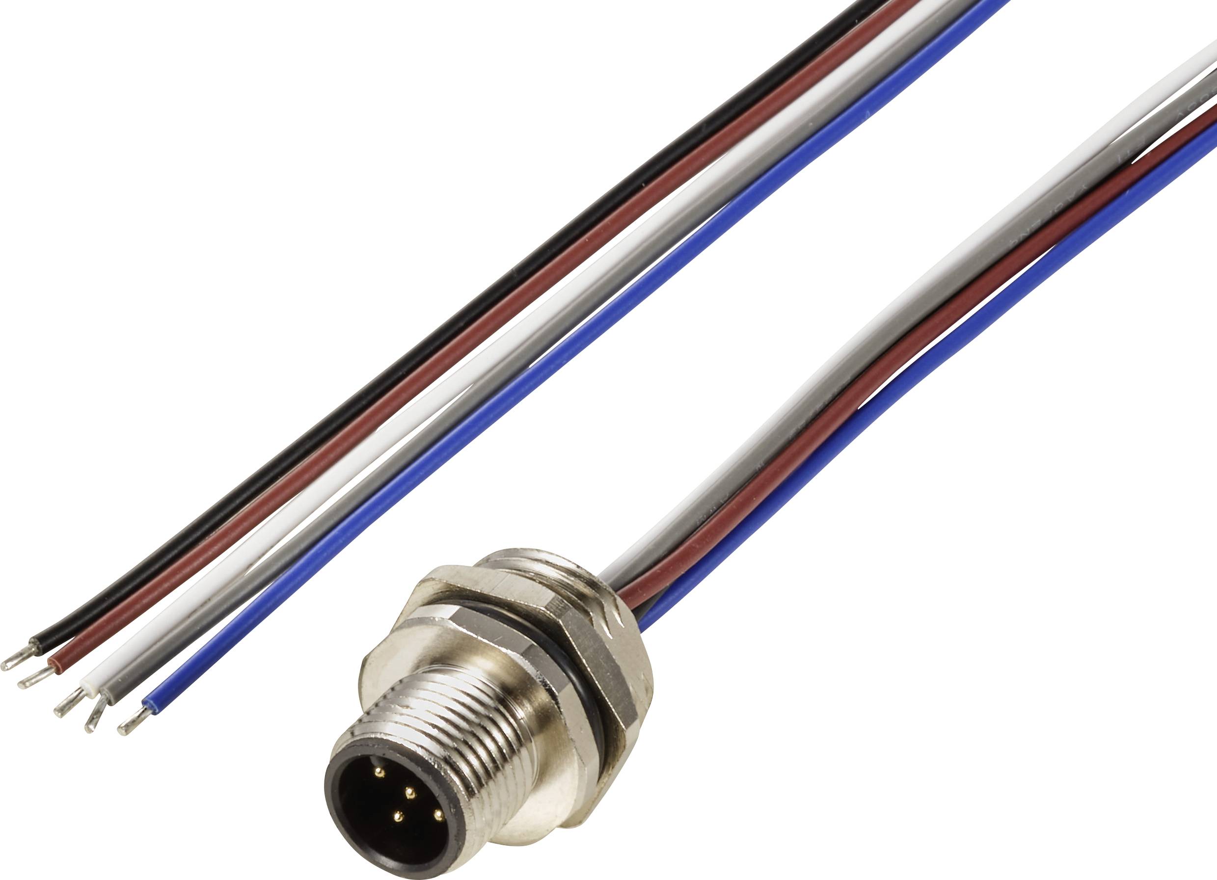 M8 connector with open cable ends; four-colour cable strands (black, brown, blue, white); metal thread for mounting.