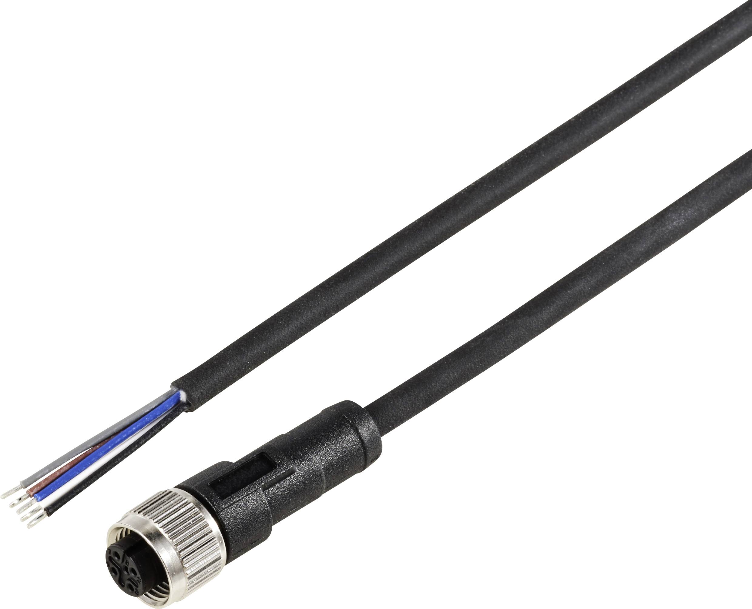 Black cable with round plug adapter, stripped wires at one end, suitable for electronic connections.