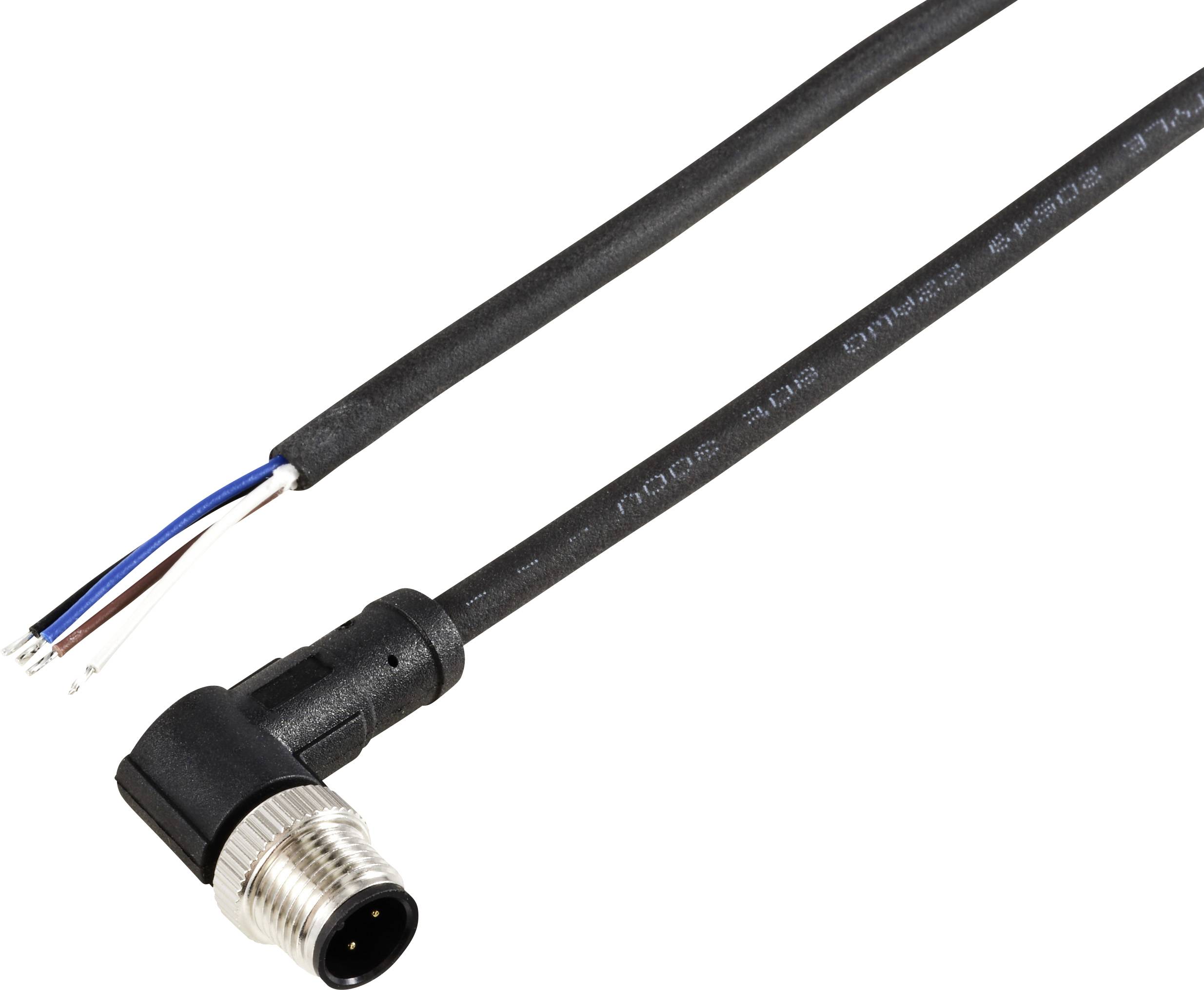 Black electric cable with M8 angled plug at one end, two bare wires on the other side. Suitable for industrial applications.
