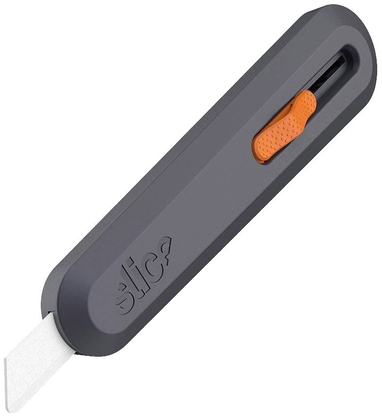 Black safety knife with retractable white blade and orange slider for blade control.