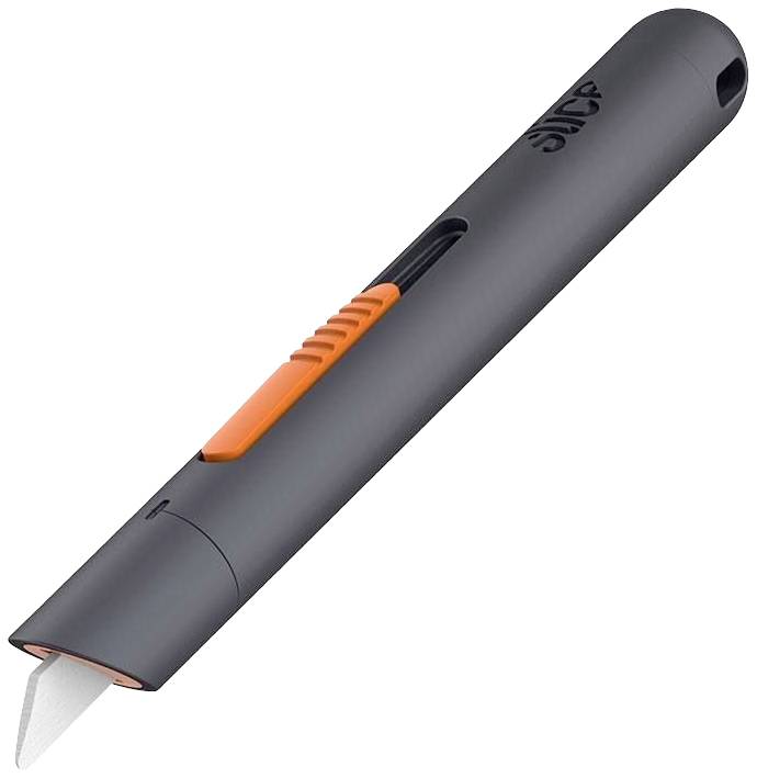 Black safety utility knife with orange slider and rounded blade, suitable for precise cutting.