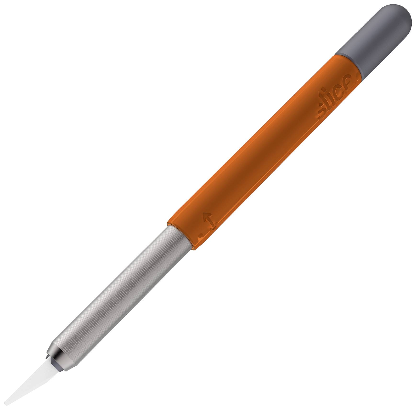 An orange craft knife with a grey handle and stainless steel tip, suitable for precise cutting.