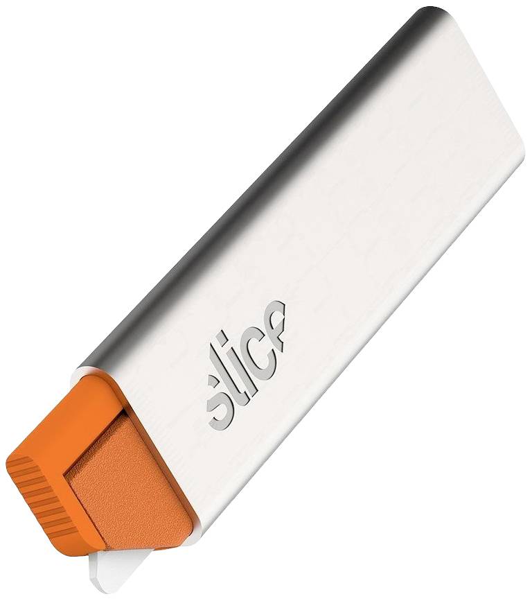 Silver safety knife with an orange blade and handle. 'Slice' brand name on the casing. Designed for safe cutting.
