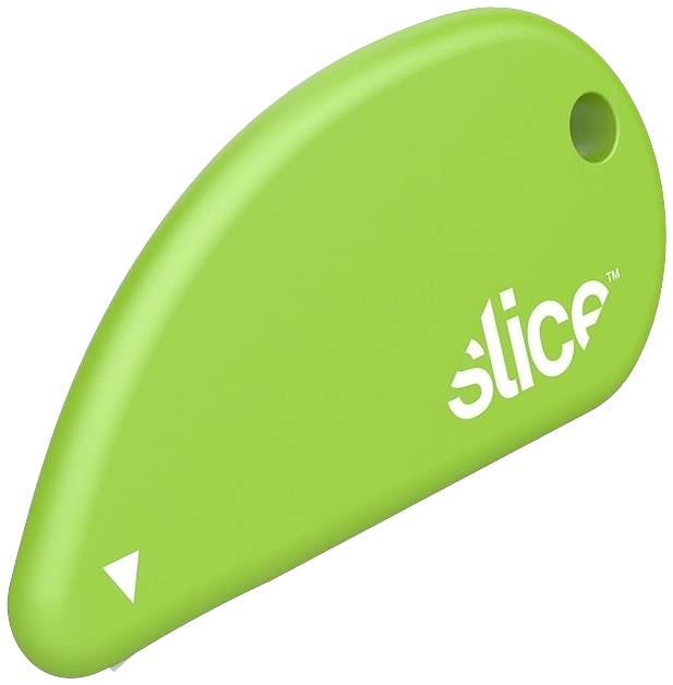 Small green cutting tool with a curved shape and a hole in the upper area, with the brand name 'slice' printed on it.
