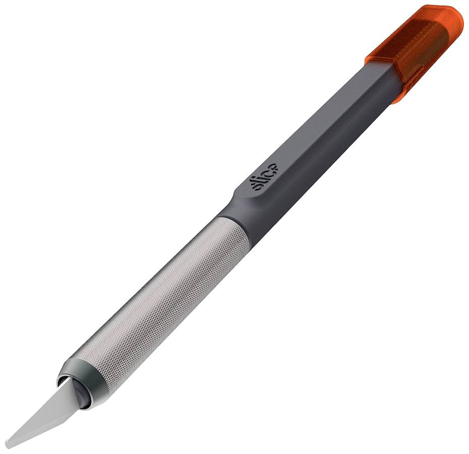 A grey precision cutter with an orange safety lock, suitable for fine cutting work in hobby and art projects.
