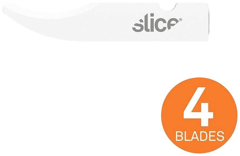 Blade with a curved tip and the inscription 'slice'. Orange circle with the number '4' and the word 'BLADES'.