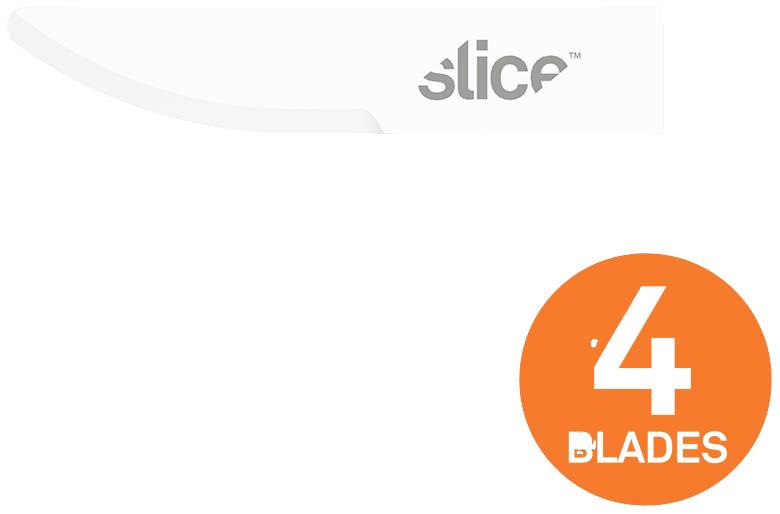 A ceramic blade from Slice with '4 Blades' printed in an orange circle.