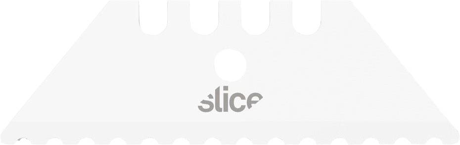 Replacement blade with serrated cutting edge and central hole, brand name 'slice' on the surface. Ideal for precise cutting.