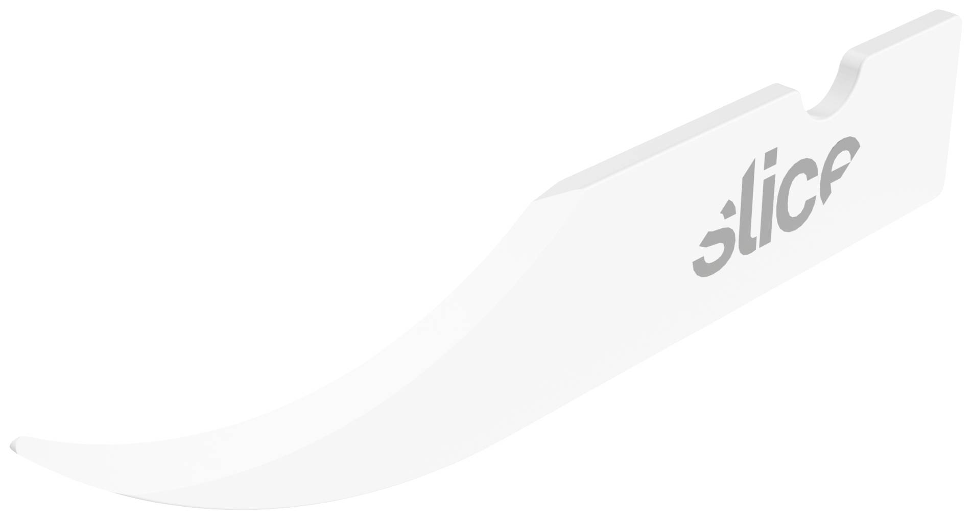 A white, curved plastic replacement blade from 'slice' with a curved cutting edge.