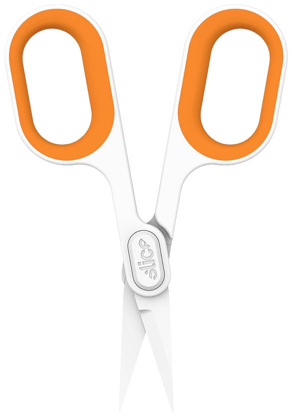 A white pair of scissors with orange handles, slightly open. Suitable for precise cutting.