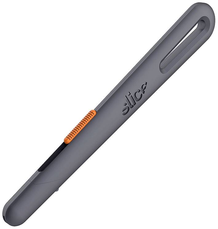 A grey pen holder with an orange sliding mechanism and the 'slice' lettering in black. Modern design.