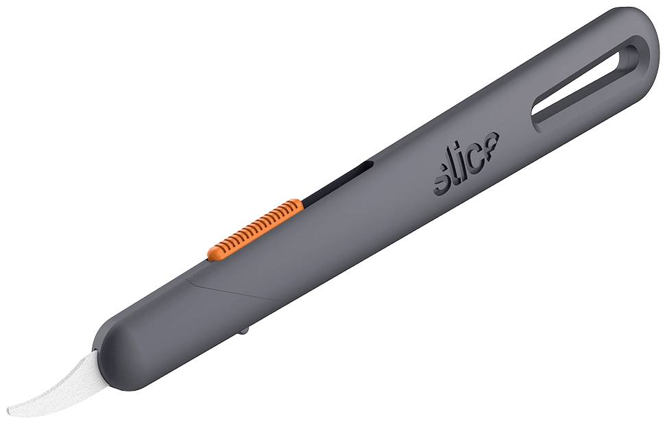 Grey utility knife with curved, secure ceramic blade and ergonomic handle.