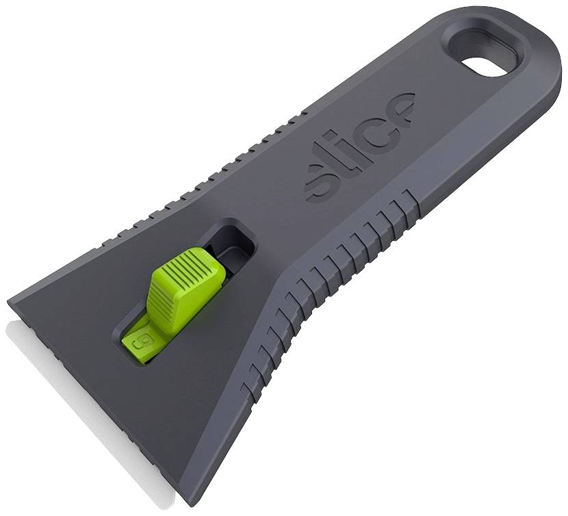 A grey and green plastic scraper with a 'slice' logo and grippy texture; suitable for scraping surfaces.