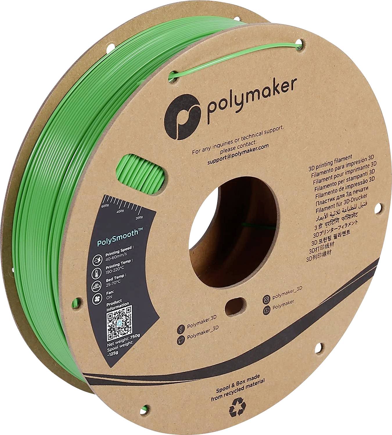 Green filament spool from Polymaker's PolySmooth series, suitable for 3D printers, with QR code and recycling symbol on the packaging.