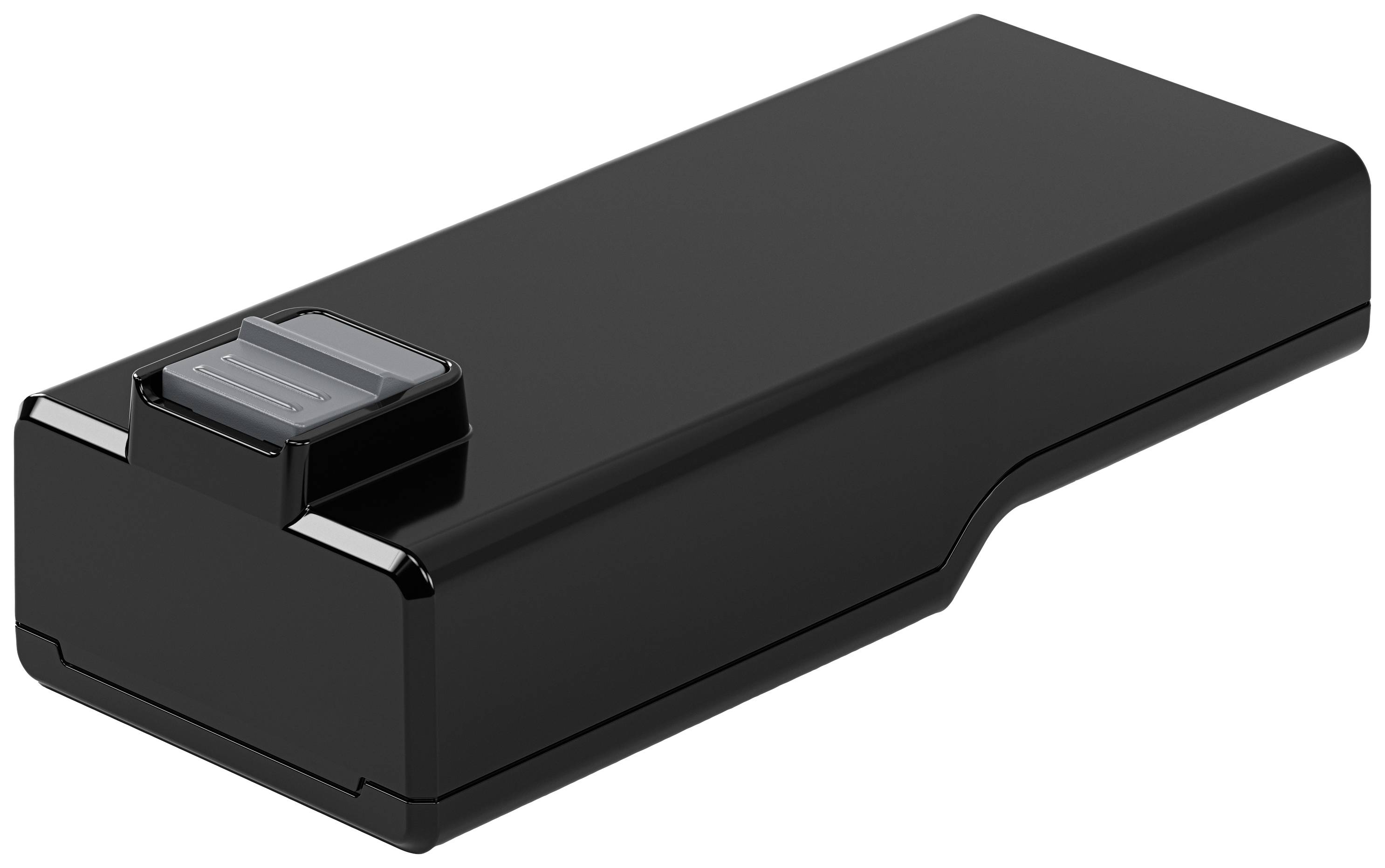 A black, rectangular battery pack with a silver connector.