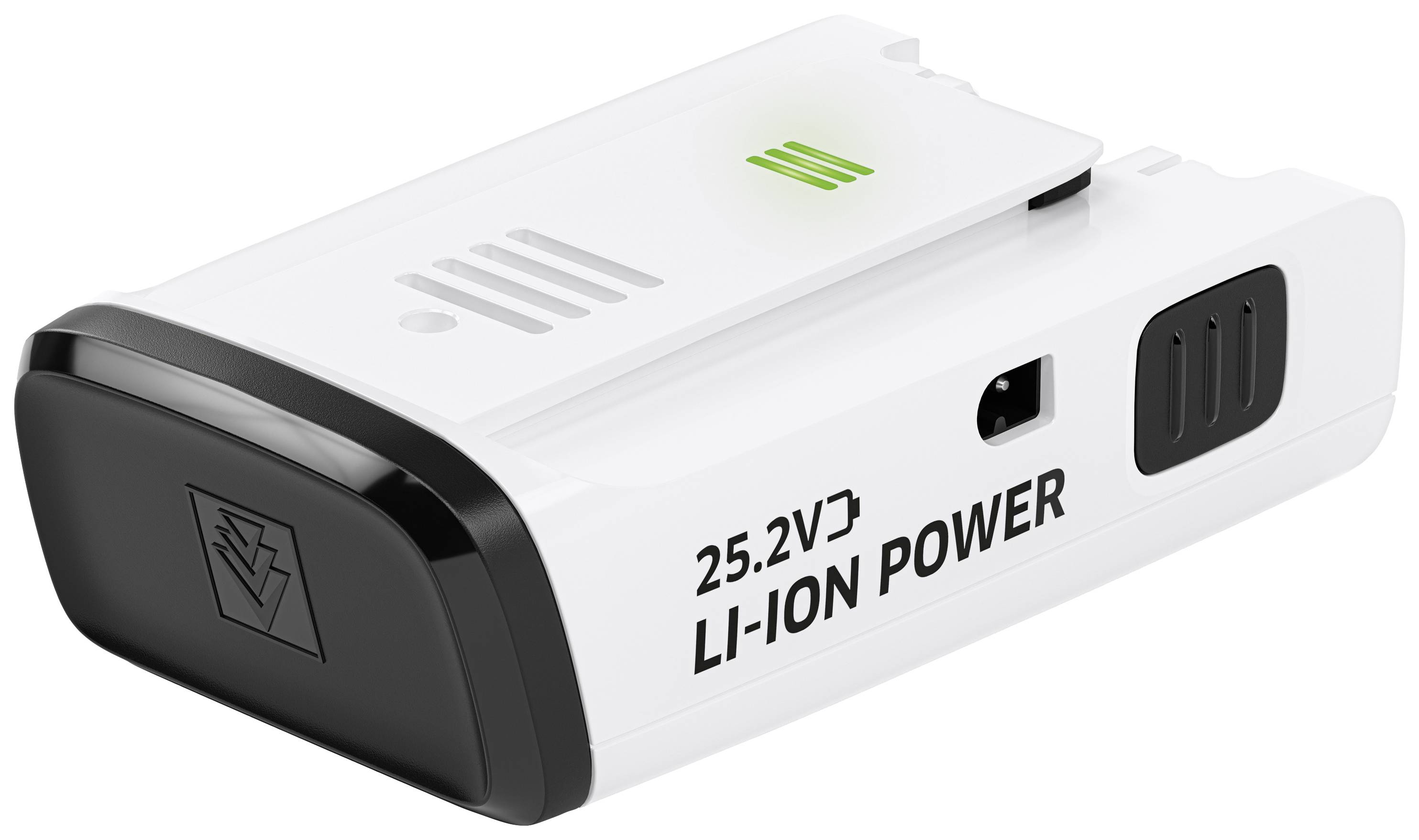 White lithium-ion battery with label '25.2V LI-ION POWER', black end and green charging indicator bar at the top.