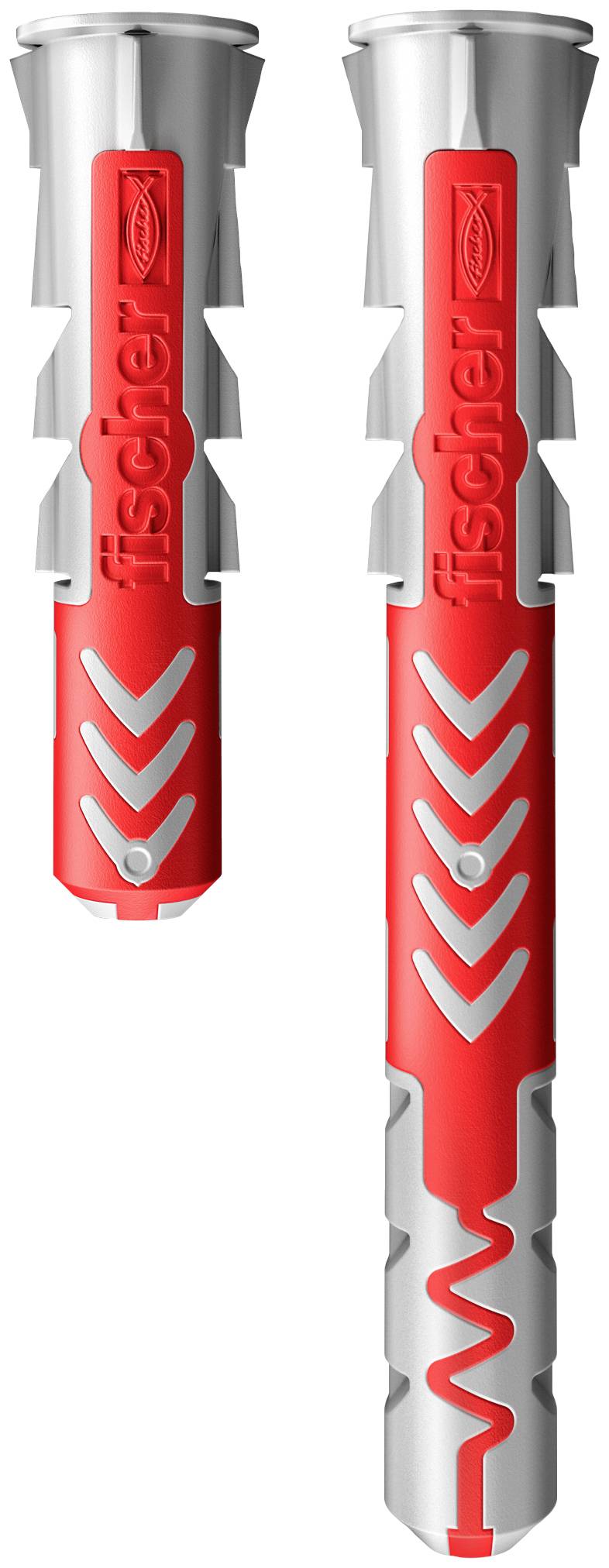 Two red and grey wall plugs of different sizes for stable anchoring in structures. Manufacturer's name is visible on the wall plugs.