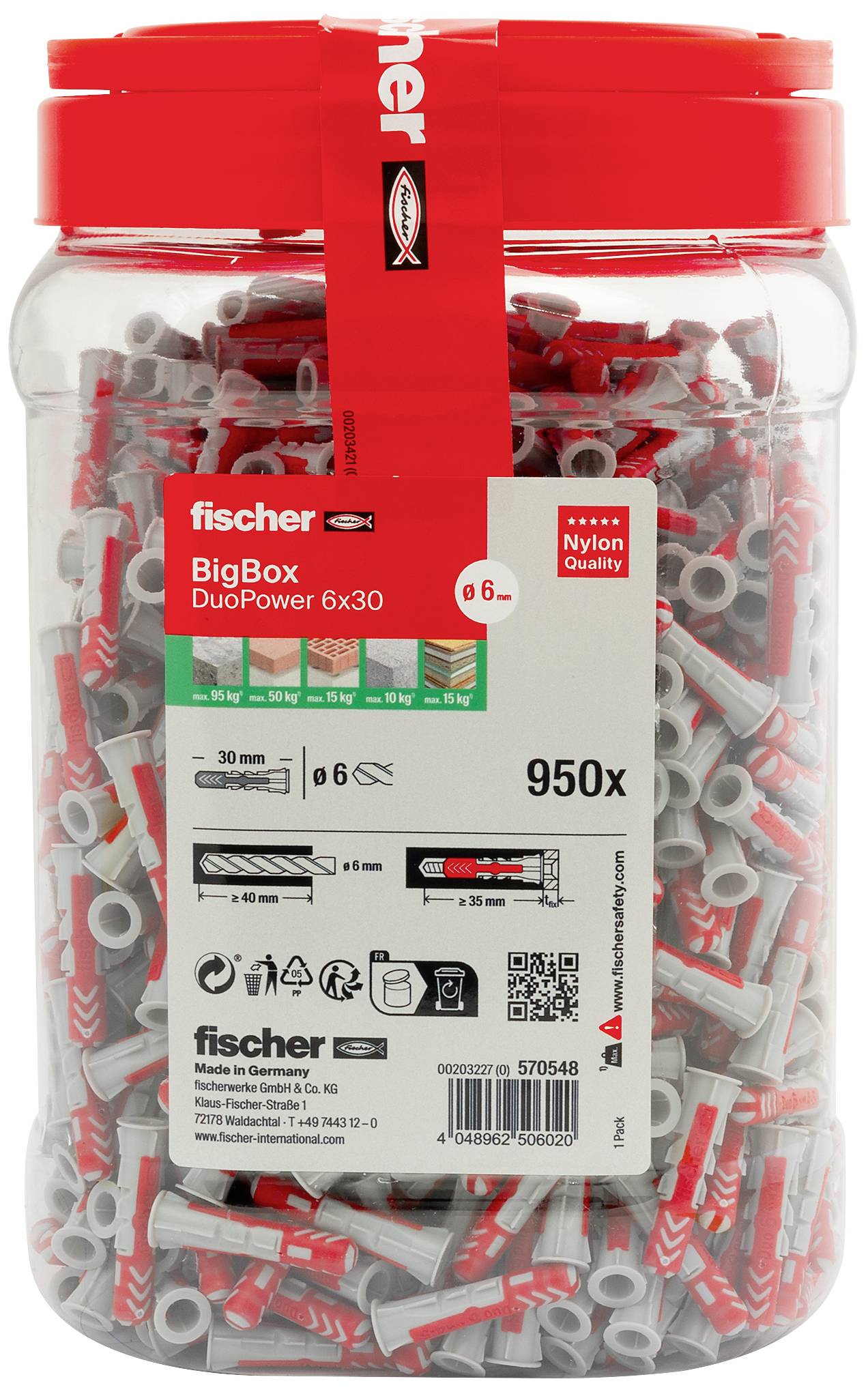 A transparent container with red and grey wall plugs, 950 pieces, by Fischer. Ideal for various wall types.