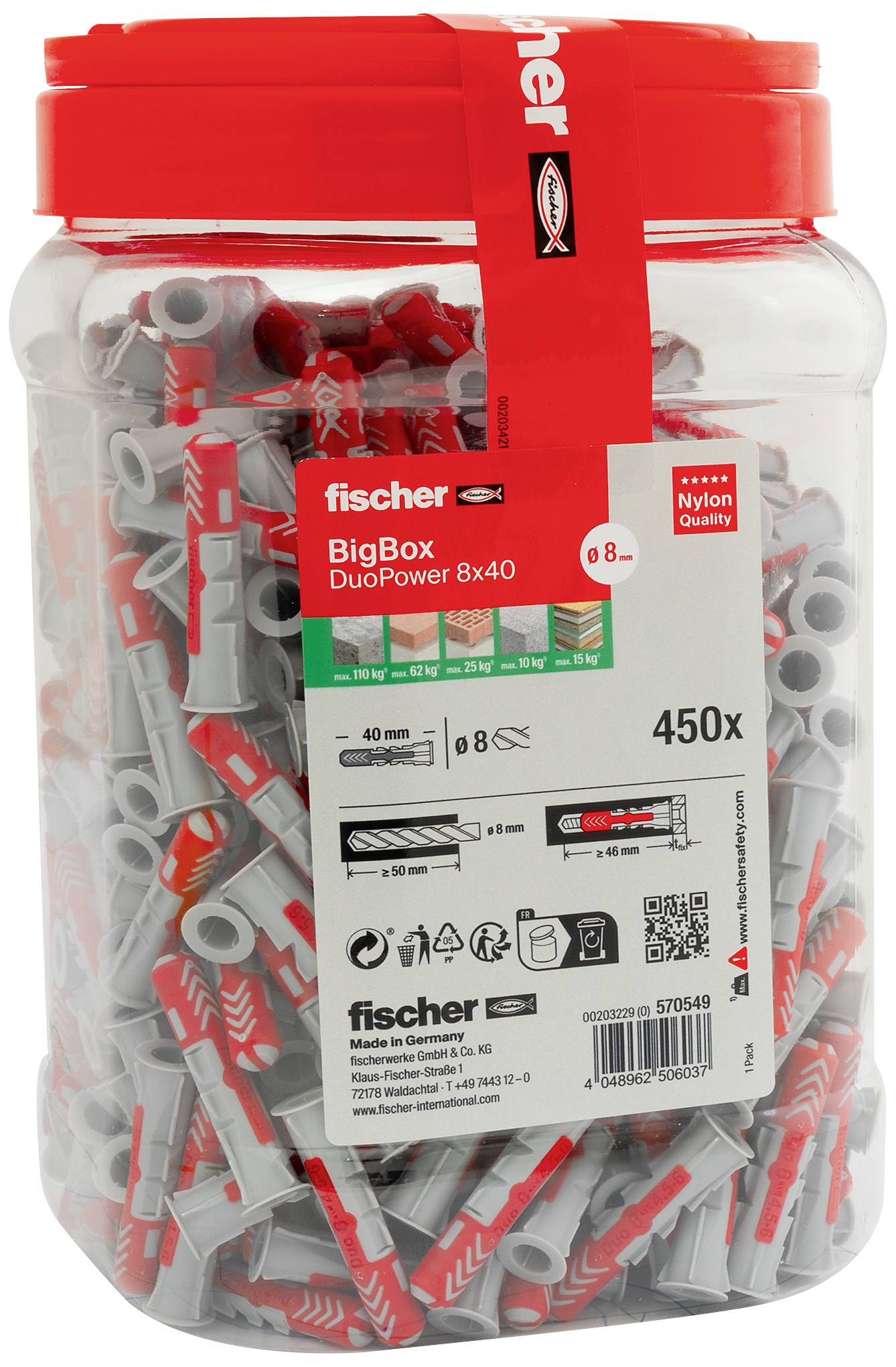 A large container with 450 Fischer DuoPower 8x40 wall plugs, predominantly grey with red accents. Contains information about size and characteristics.